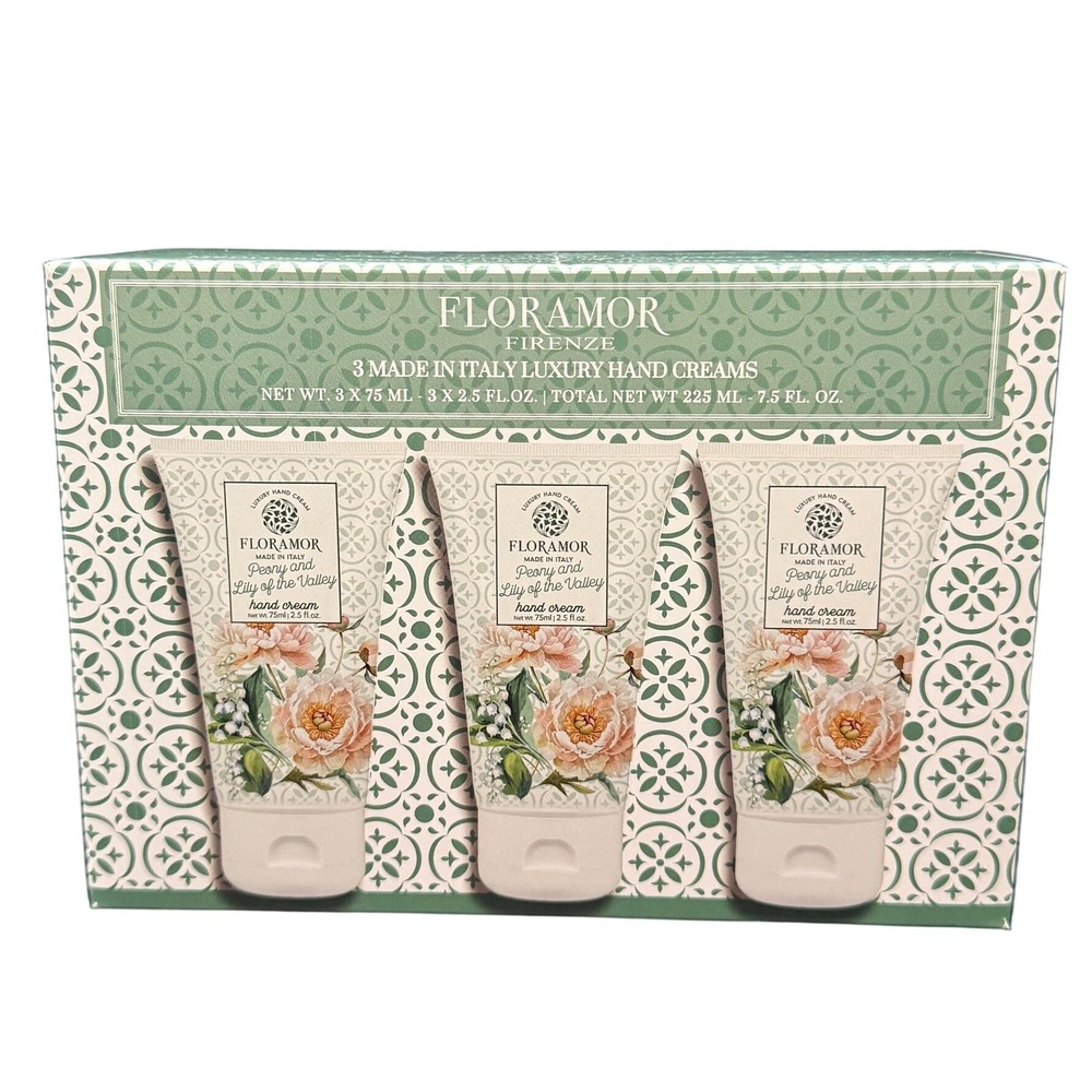 Floramor Firenze Luxury Hand Cream Set Peony Lily of the Valley Italy 3 x 2.5 oz